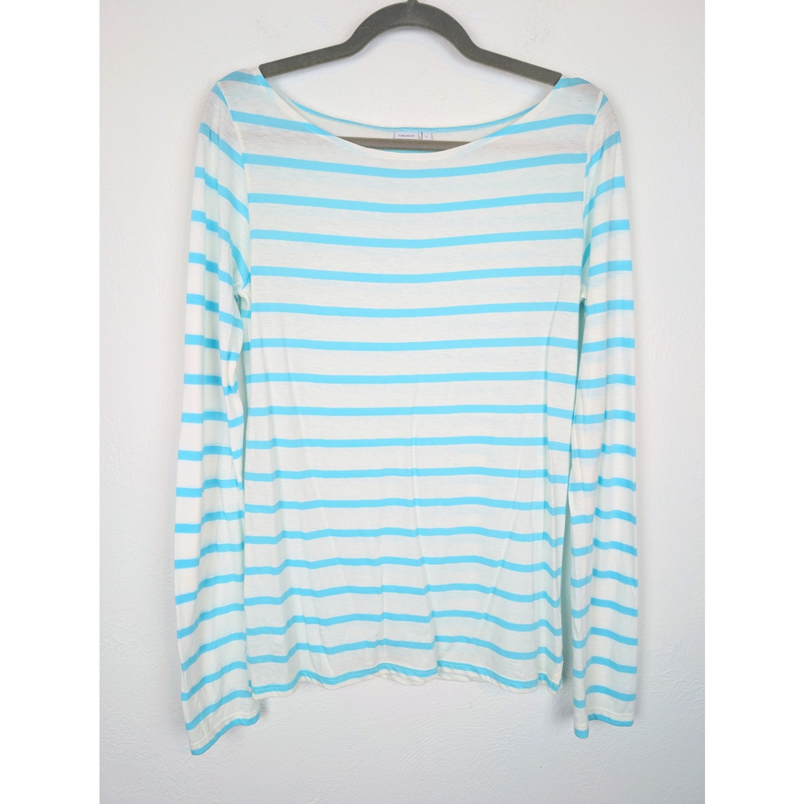 Chance Co Top Julia Leach Striped Nautical Coastal Turquoise Blue White Size L